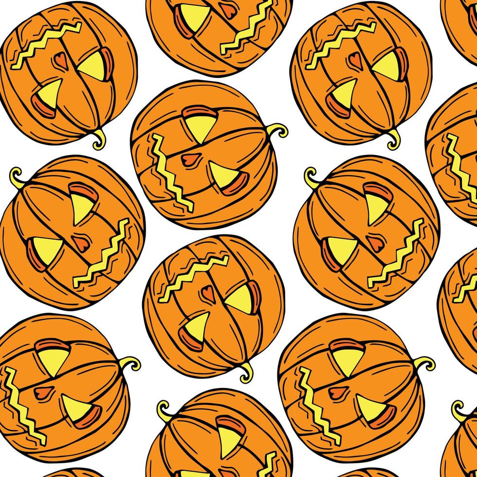 Halloween cartoon pumpkins pattern background. Vector Happy Halloween greeting card and trick or treat party design of pumpkin lantern with skull monster fire eyes and evil face carving