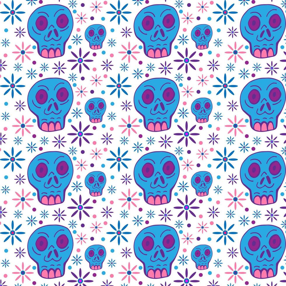 Dia de los muertos seamless vector pattern. The main symbols of the holiday on the dark background. Day of the dead.