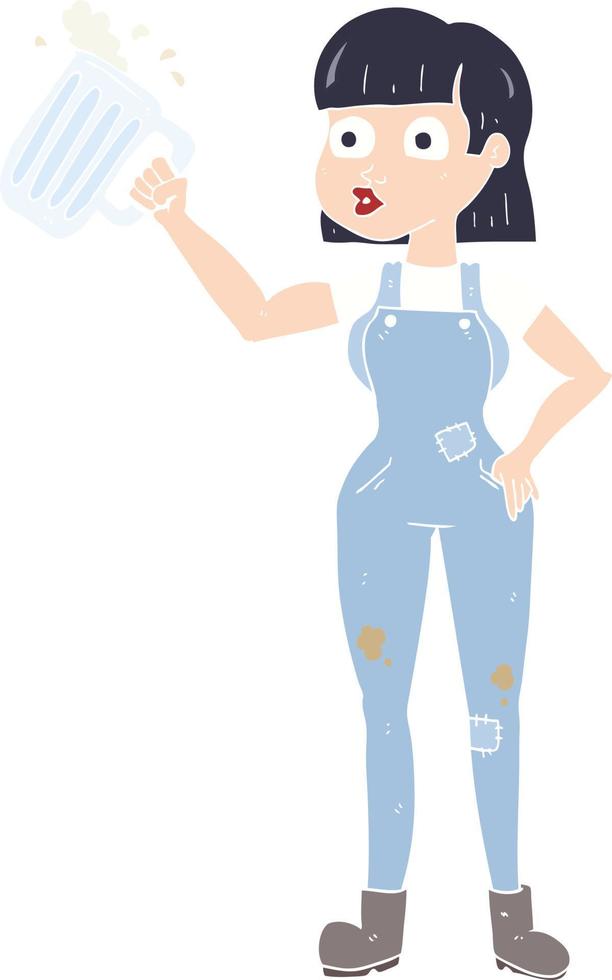 flat color illustration of a cartoon woman with beer vector