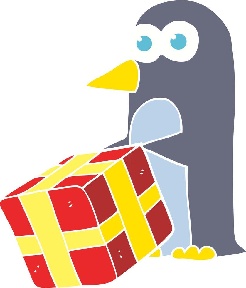 flat color illustration of a cartoon penguin with christmas present vector