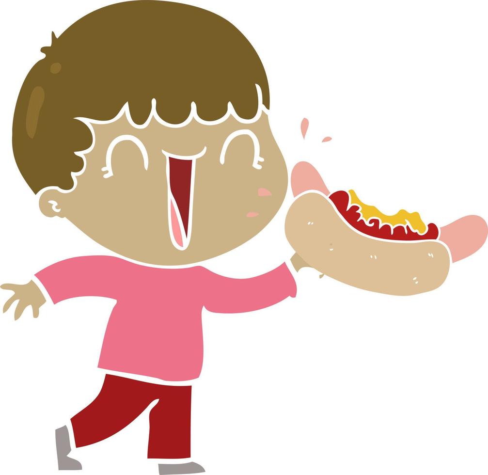 laughing flat color style cartoon man eating hot dog vector