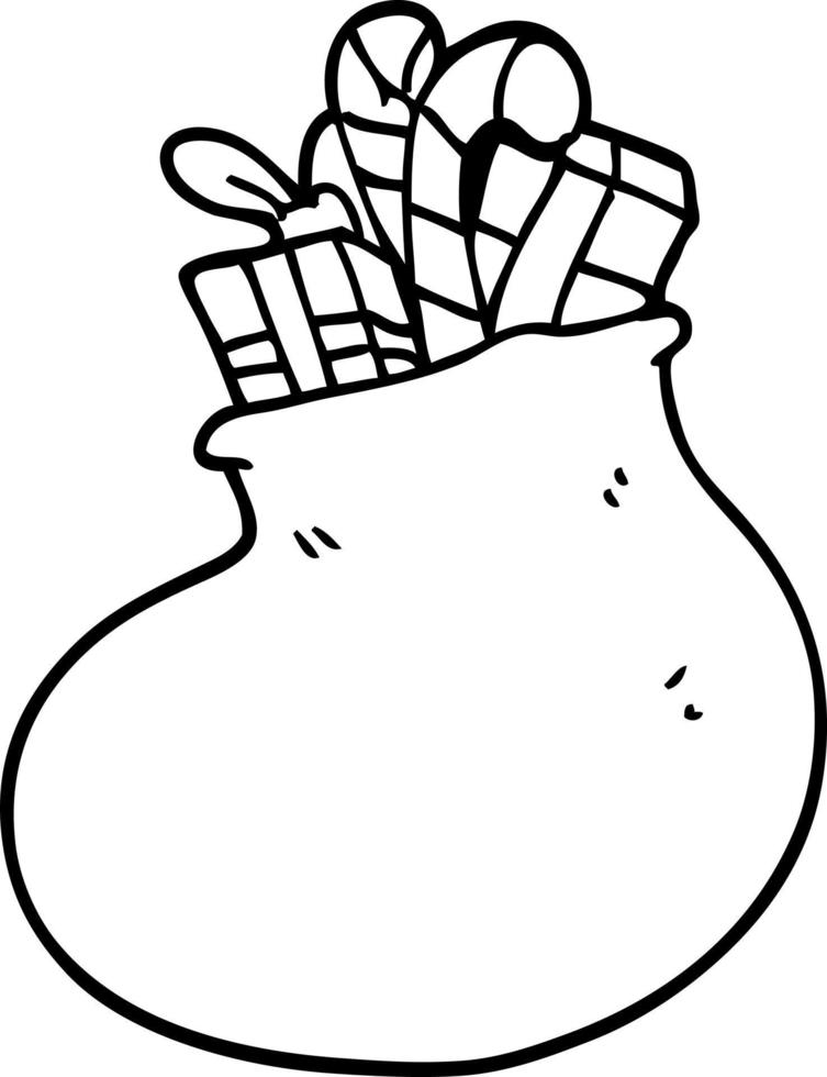 line drawing cartoon bag of christmas presents vector