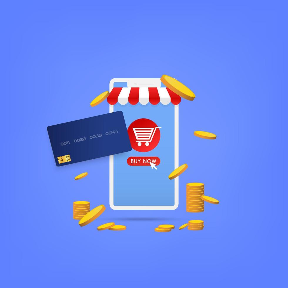 compras en línea en la aplicación de teléfono inteligente con ilustración de vector de concepto de tarjeta de crédito