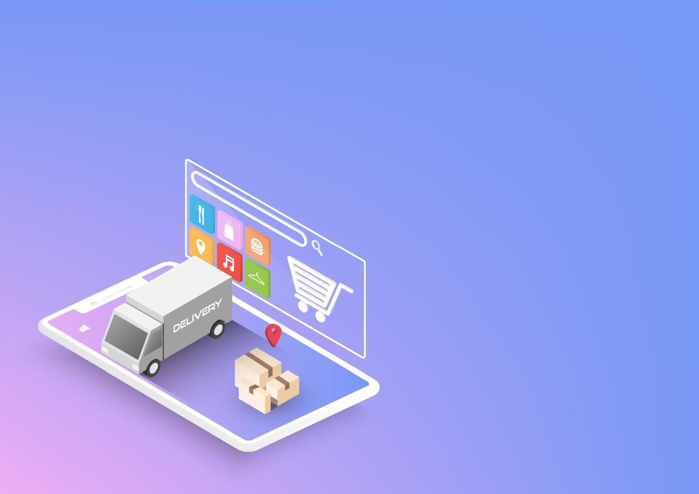 servicio de transporte de concepto de aplicación de teléfono inteligente para compras móviles en línea por camión vector