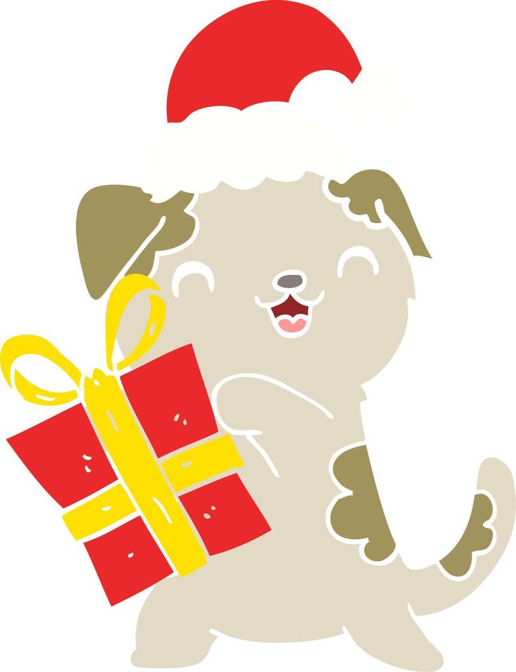 cute flat color style cartoon puppy with christmas present and hat vector