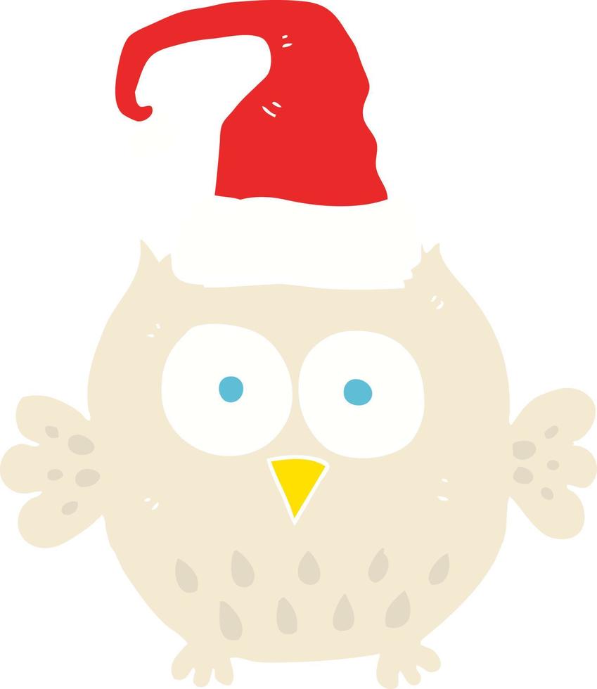 flat color illustration of a cartoon owl wearing christmas hat vector