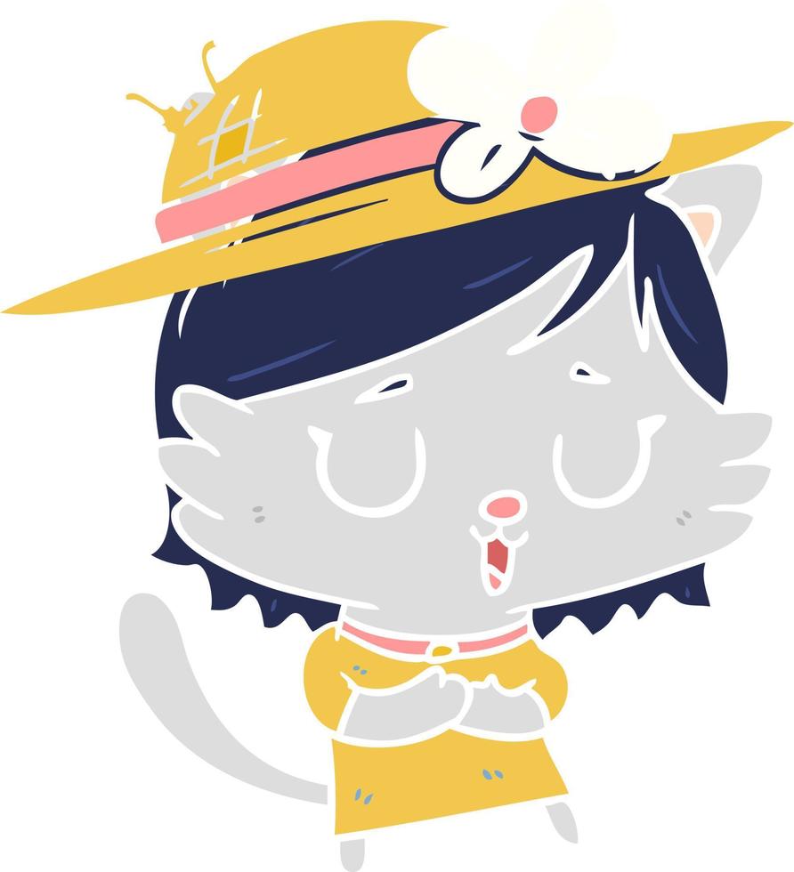 flat color style cartoon cat wearing summer hat vector