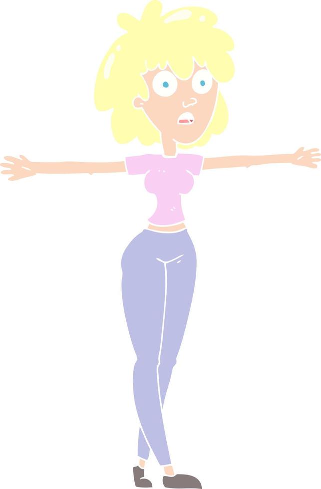ilustración de color plano de una mujer de dibujos animados extendiendo los brazos vector