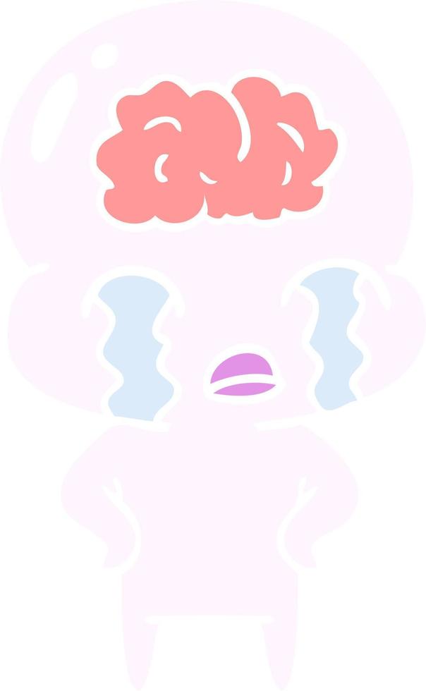 flat color style cartoon big brain alien crying vector