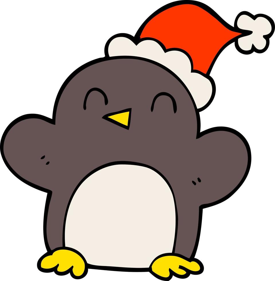 cartoon doodle penguin wearing christmas hat vector