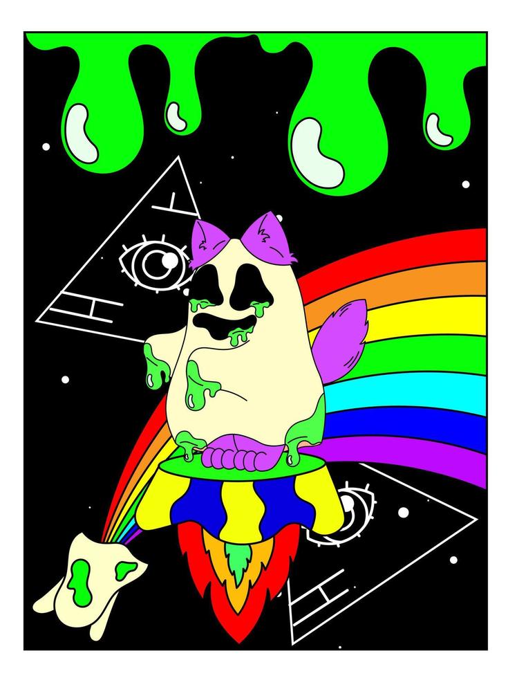 Psychedelic Halloween poster. A cat in a ghost costume, an eye in a triangle, a rainbow, green goo, space, surrealism. vector