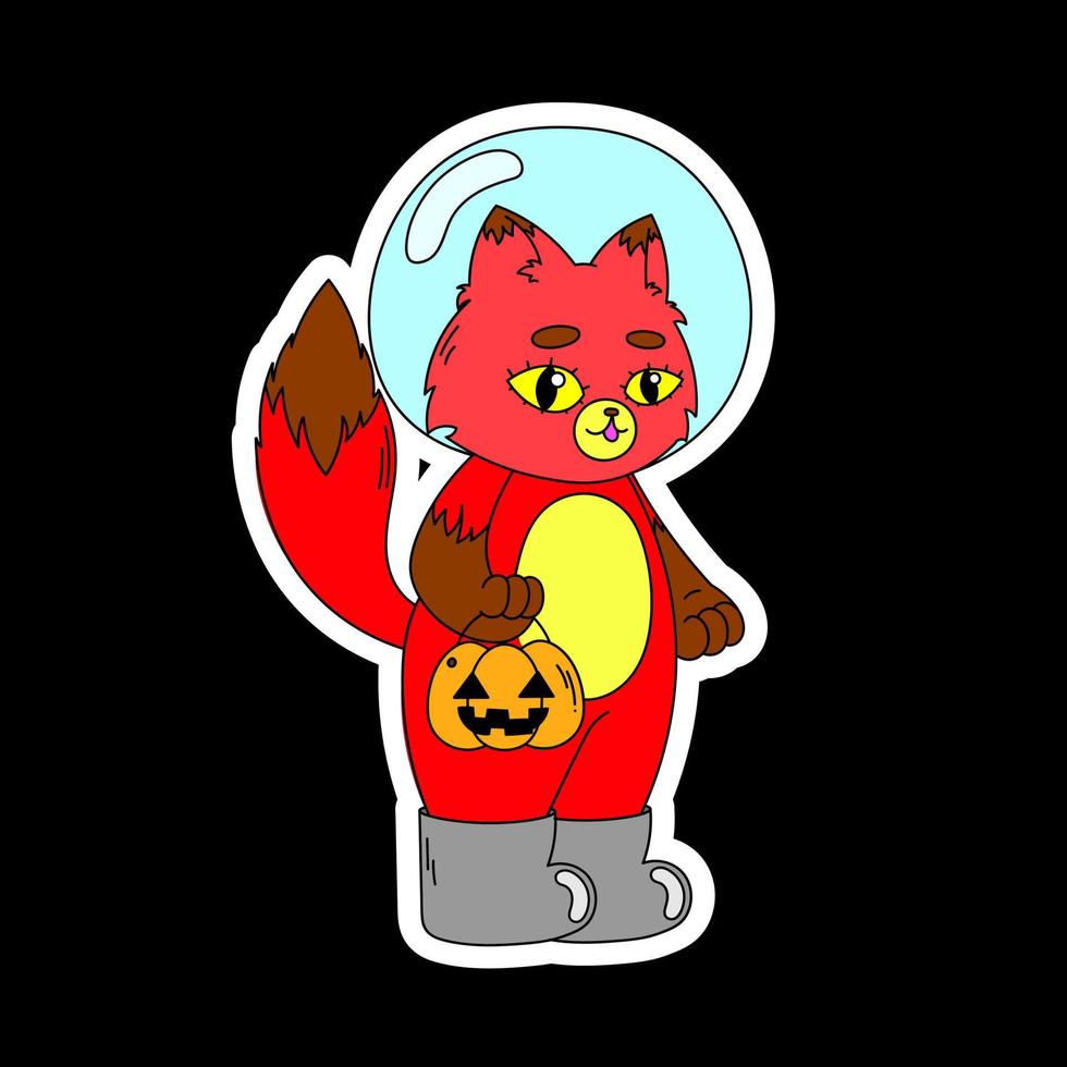 A sticker with a fox in a helmet from a spacesuit holds a basket in the form of a pumpkin. Halloween. vector
