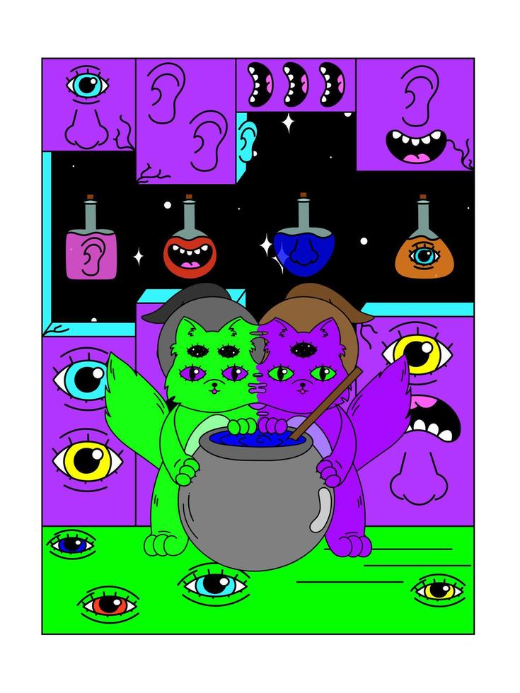 Psychedelic Halloween poster. Siamese twin kittens brew a potion in witch hats. Surrealism. vector