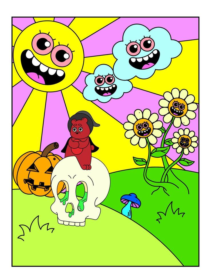 Psychedelic Halloween poster. The sun is with a face, the clouds are laughing, the bear is sitting on the skull in a witch's hat. Surrealism. vector