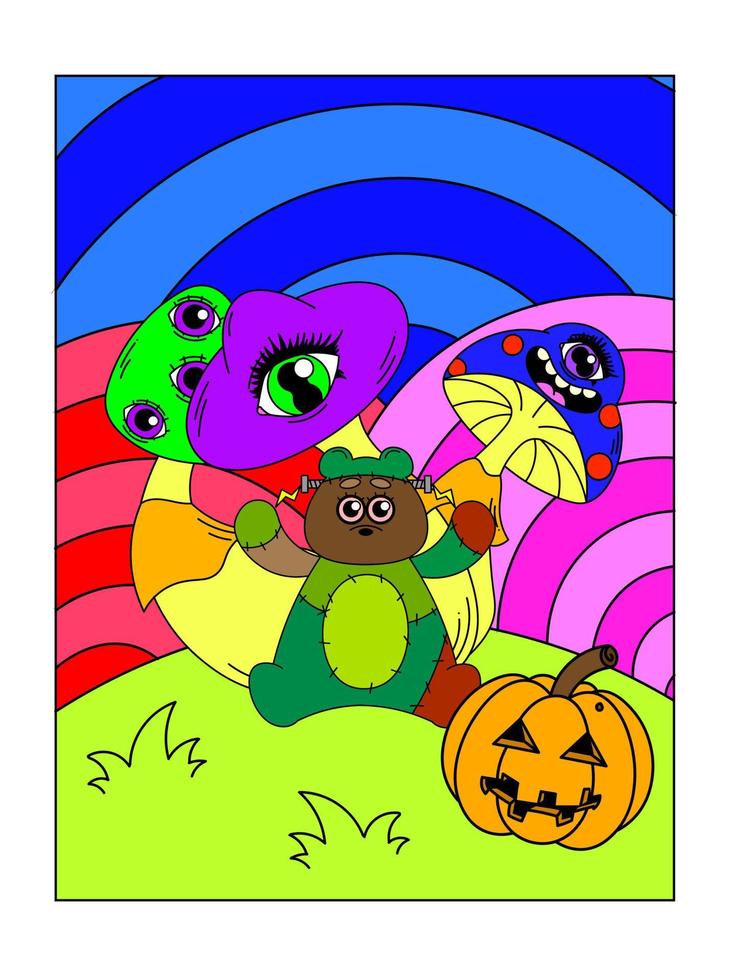 Psychedelic poster with a Frankenstein bear. Mushrooms with eyes, jack's lantern, madness, surrealism. vector