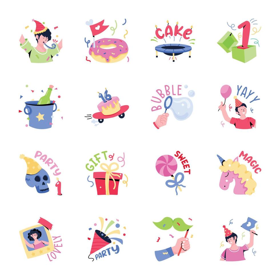 Bundle of Birthday Celebrations Flat Stickers vector