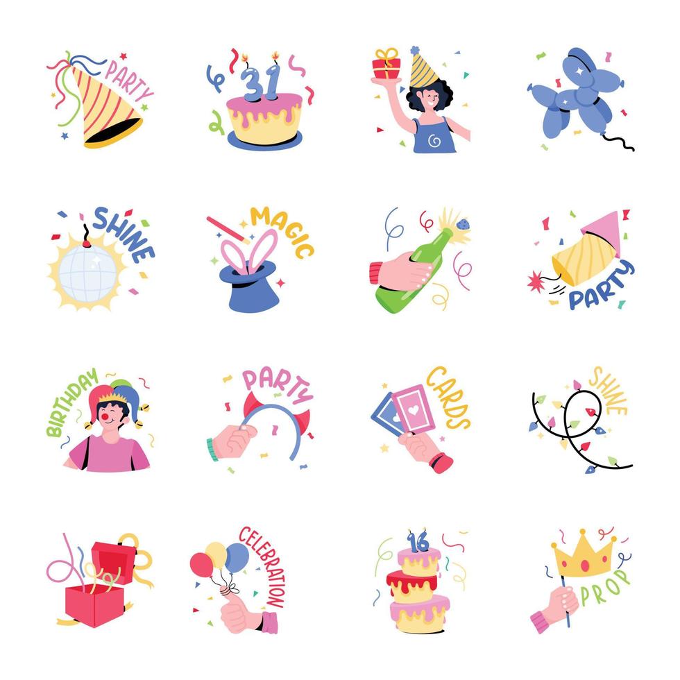 colección de pegatinas planas de feliz cumpleaños vector