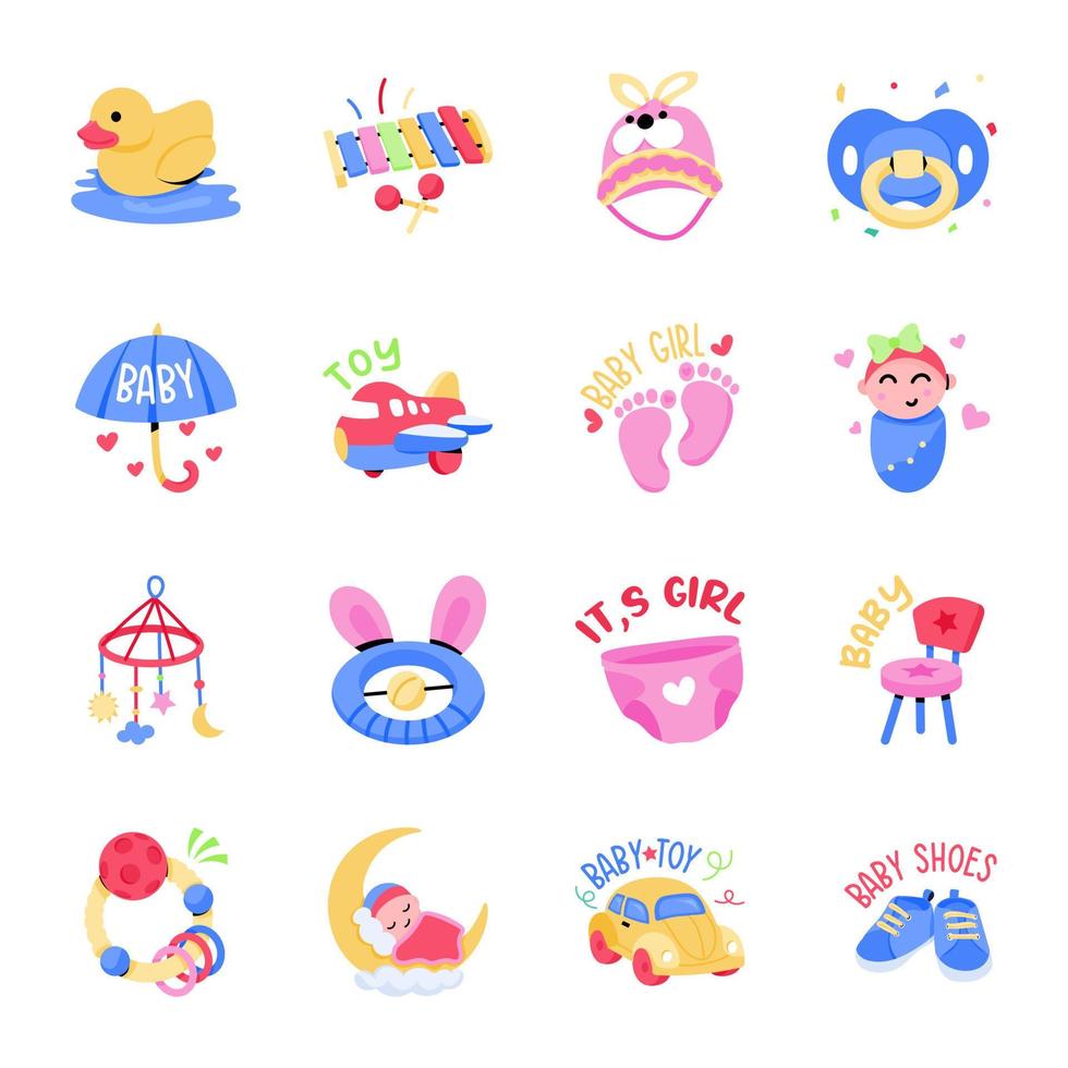 Pack of Baby Accessories Flat Stickers vector