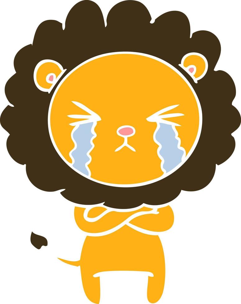flat color style cartoon crying lion with crossed arms vector