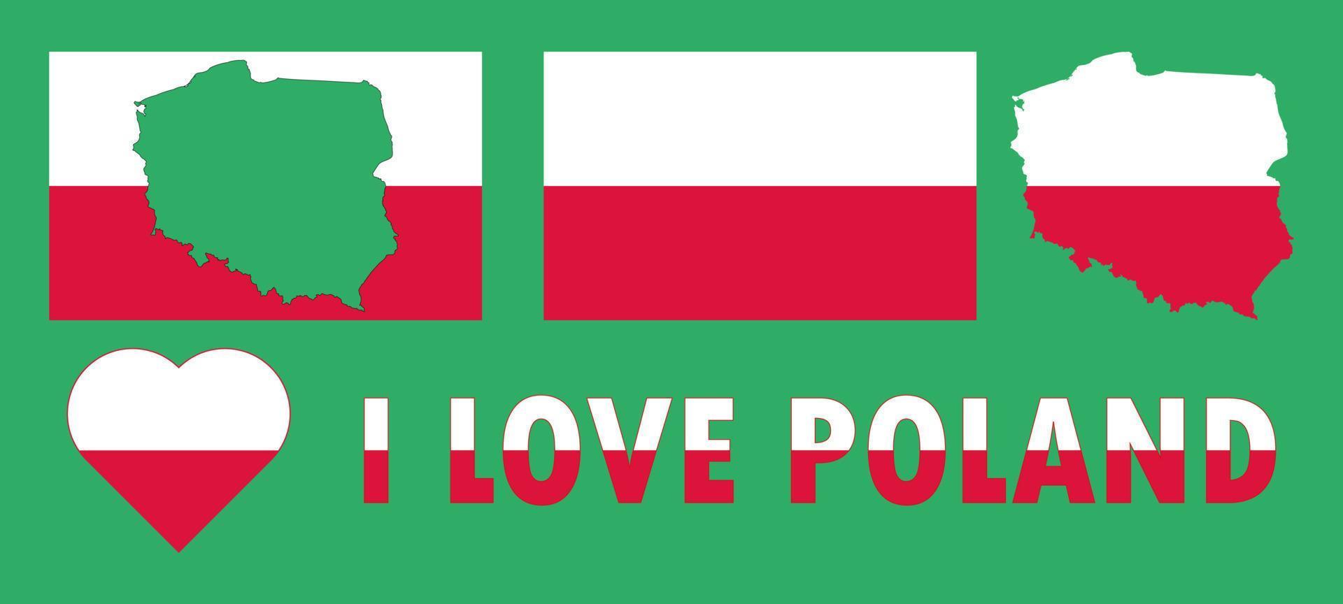 Set of vector illustrations with Poland flag, country outline map and heart. Travel concept.