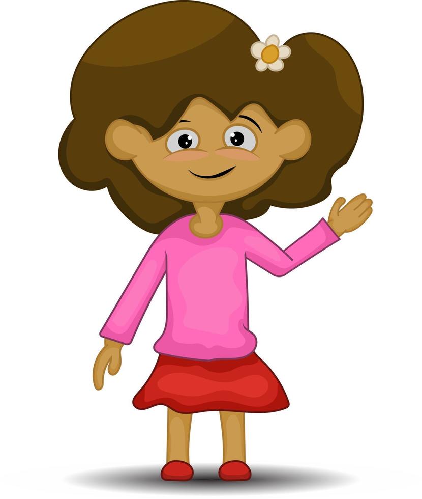 linda niña sonriente vestida con una camiseta de manga larga con falda rosa vector