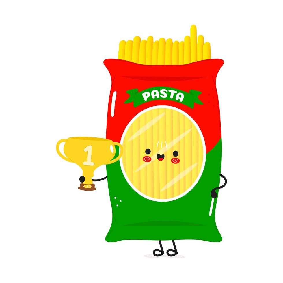 Cute funny spaghetti hold gold trophy cup. Vector hand drawn cartoon kawaii character illustration icon. Isolated on white background. Pasta with winner trophy cup