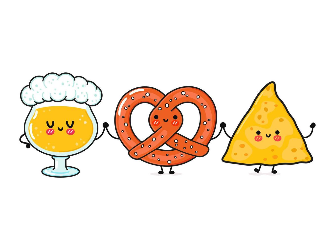 lindo, divertido y feliz vaso de cerveza, pretzel y nachos. personajes kawaii de dibujos animados dibujados a mano vectorial, icono de ilustración. divertida caricatura vaso de cerveza, pretzel y nachos mascota amigos concepto vector