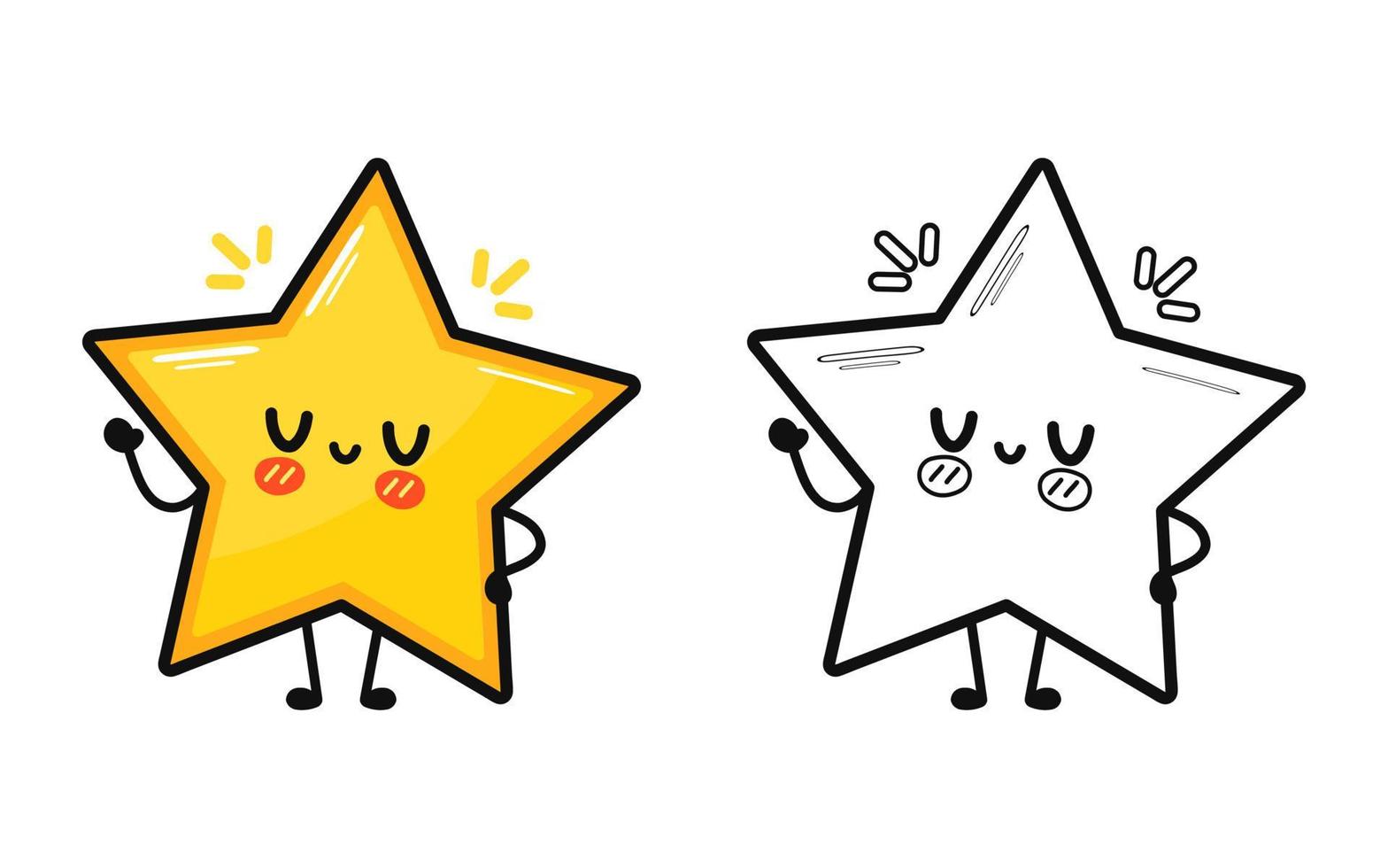 divertido lindo juego de personajes de estrellas felices. icono de ilustración de personaje kawaii de dibujos animados dibujados a mano vectorial. linda estrella. esquema de ilustración de dibujos animados para colorear libro vector