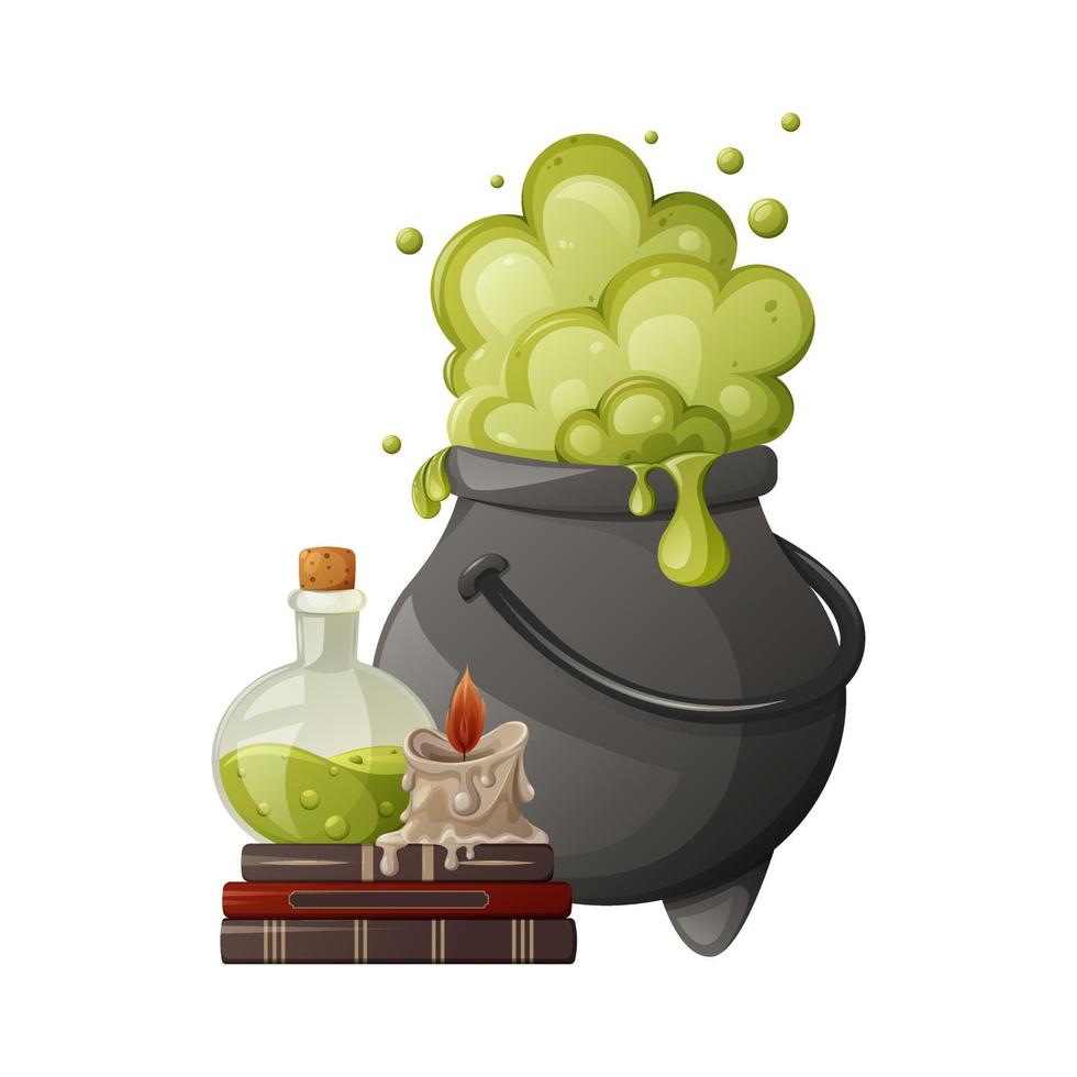 Cauldron with magic green potion. Boiling and bubbling pot. Potion in a glass flask, burning wax candle on witch books. Item for divination, spell. Vector illustration for Halloween