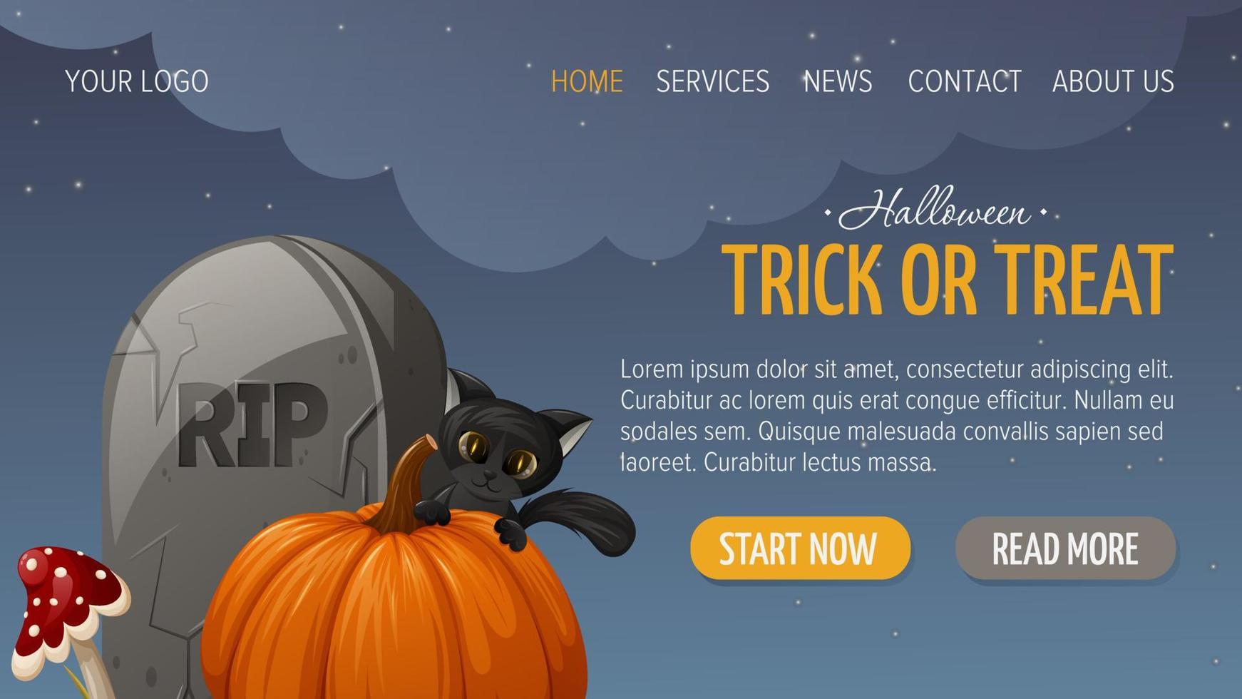 Tombstone with text RIP, fly agaric, cute black cat is behind a pumpkin. Trick or treat. Halloween horizontal template for website. Vector illustration. For banner, store, sale