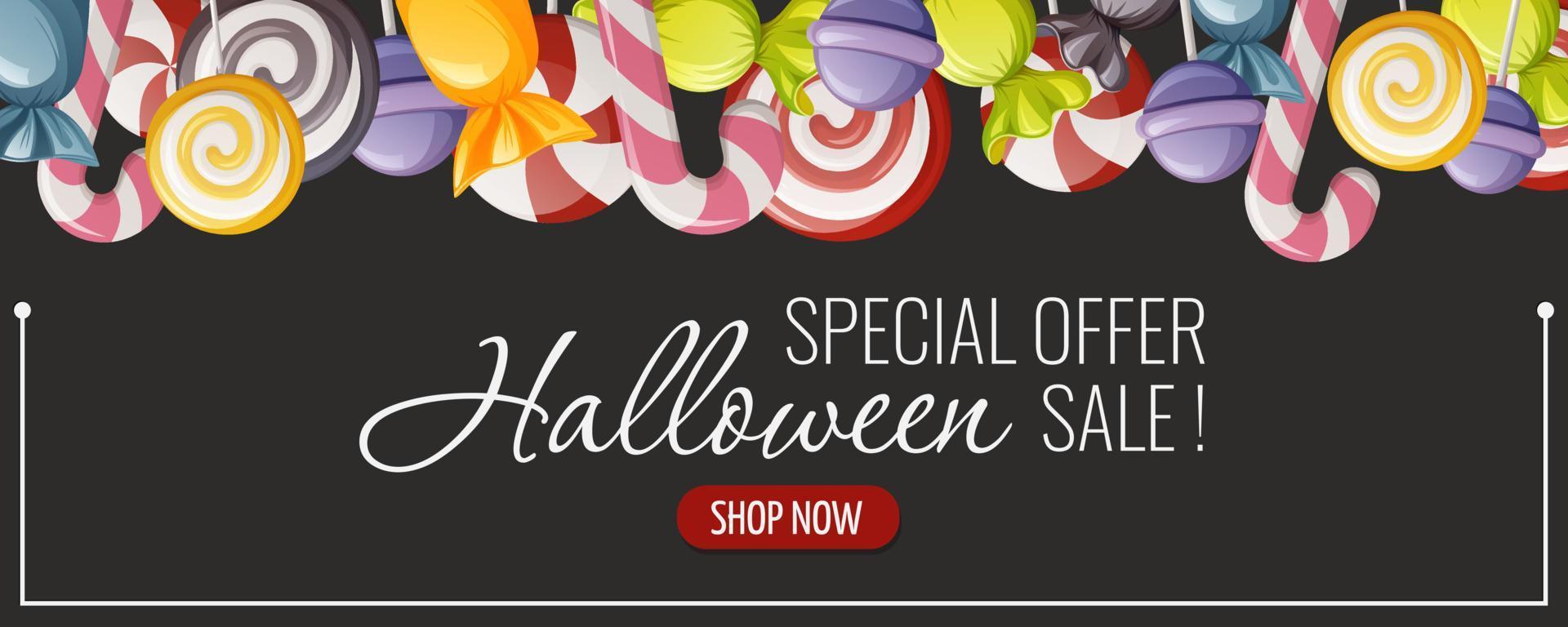 Halloween sale flyer. Sweet treat from lollipops, candies. Vector illustration. For banner, advertising, special offer.