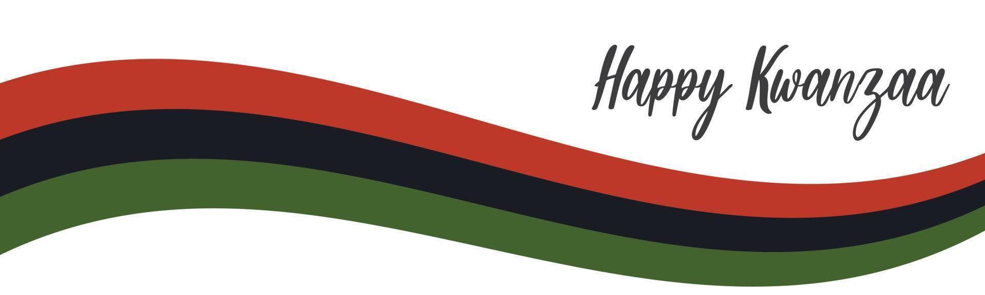 Happy Kwanzaa text lettering logo. Horizontal banner design with Pan African flag with red, black, green stripes. Vector illustration isolated on white background.