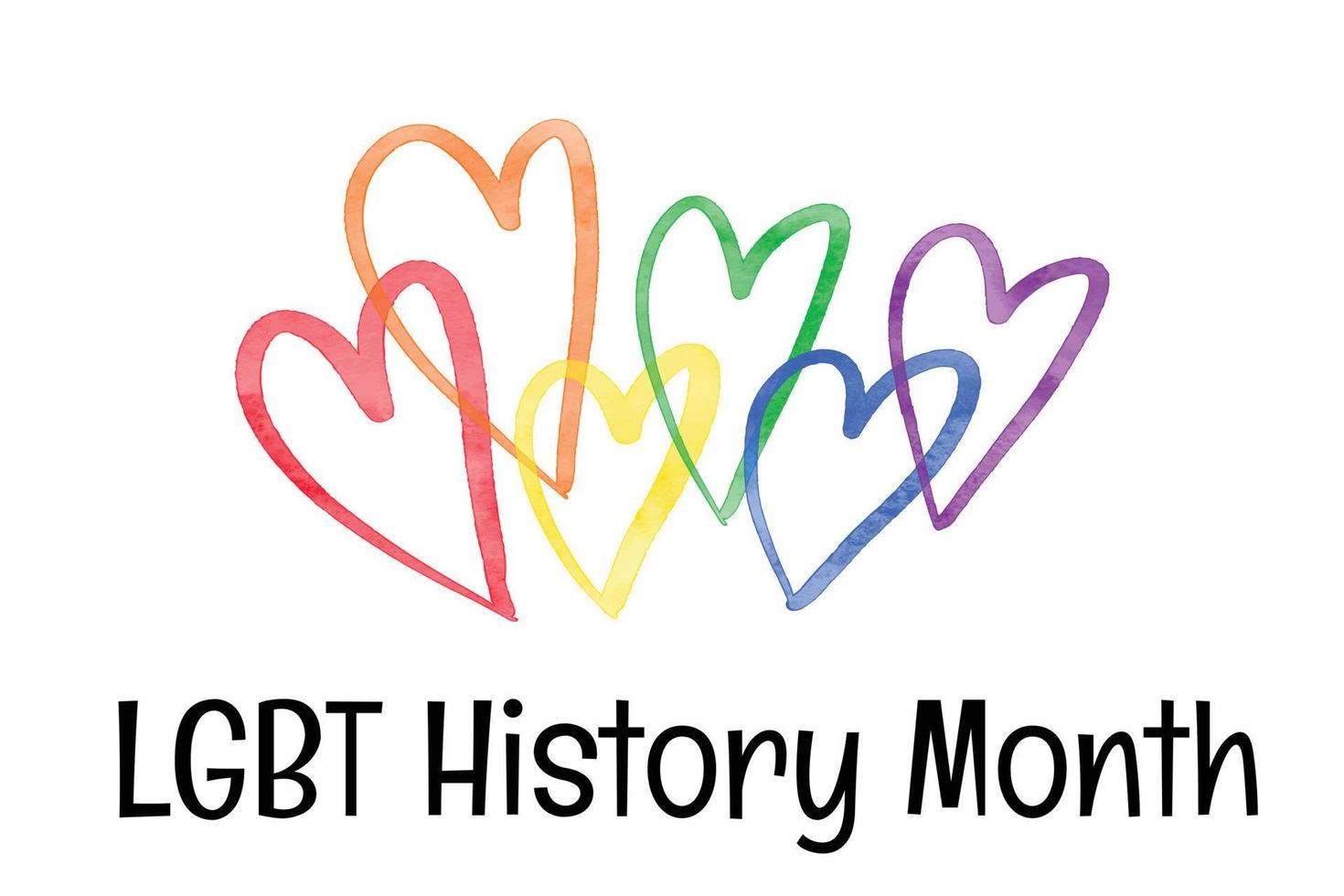 LGBT History Month card with cute watercolor textured six hearts in rainbow color of LGBT community. Pride month in October. Vector illustration isolated on white background