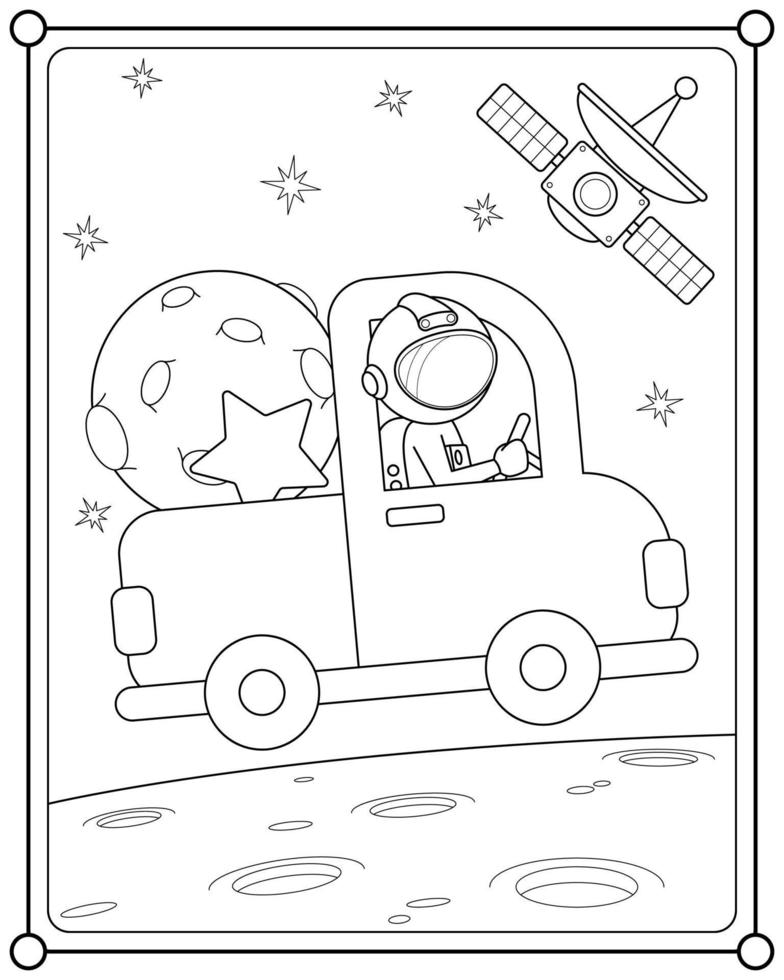 Astronaut driving a car in space suitable for children's coloring page vector illustration