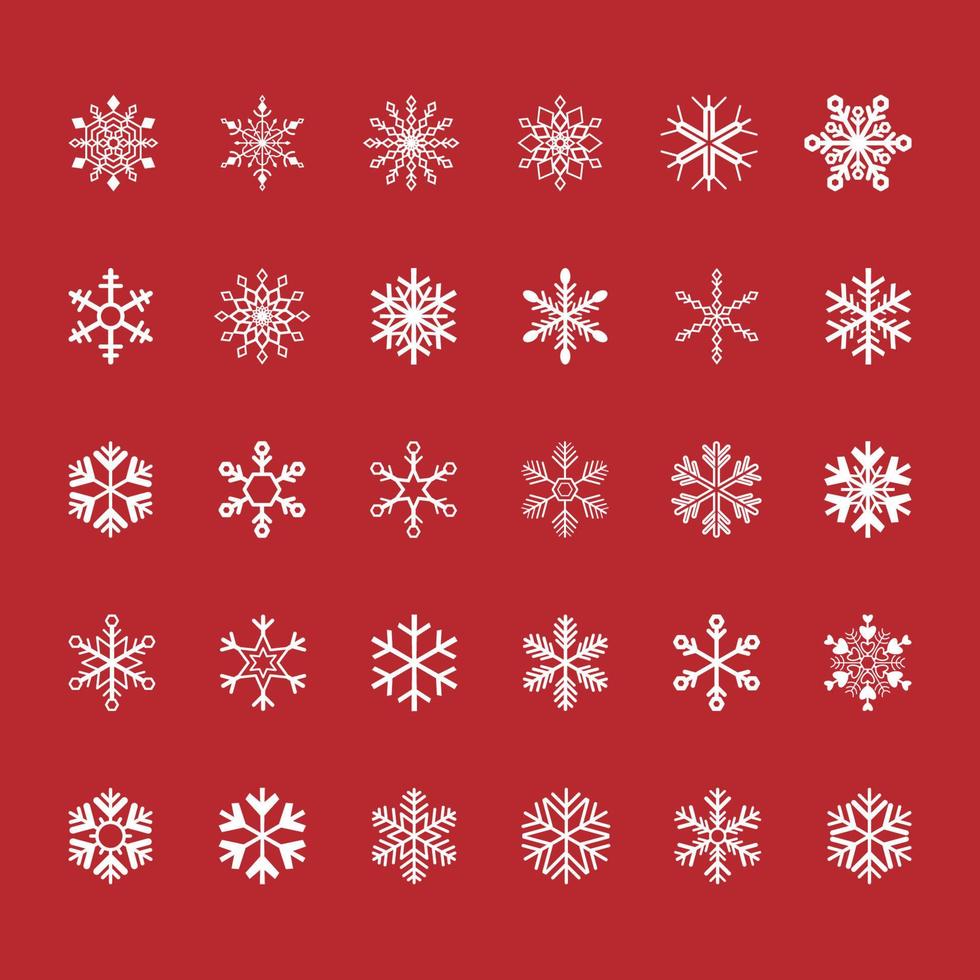 colección de copos de nieve aislado sobre fondo rojo. iconos de nieve plana, silueta de copos de nieve. elemento para el diseño de navidad y año nuevo. juego de hielo geométrico. vector