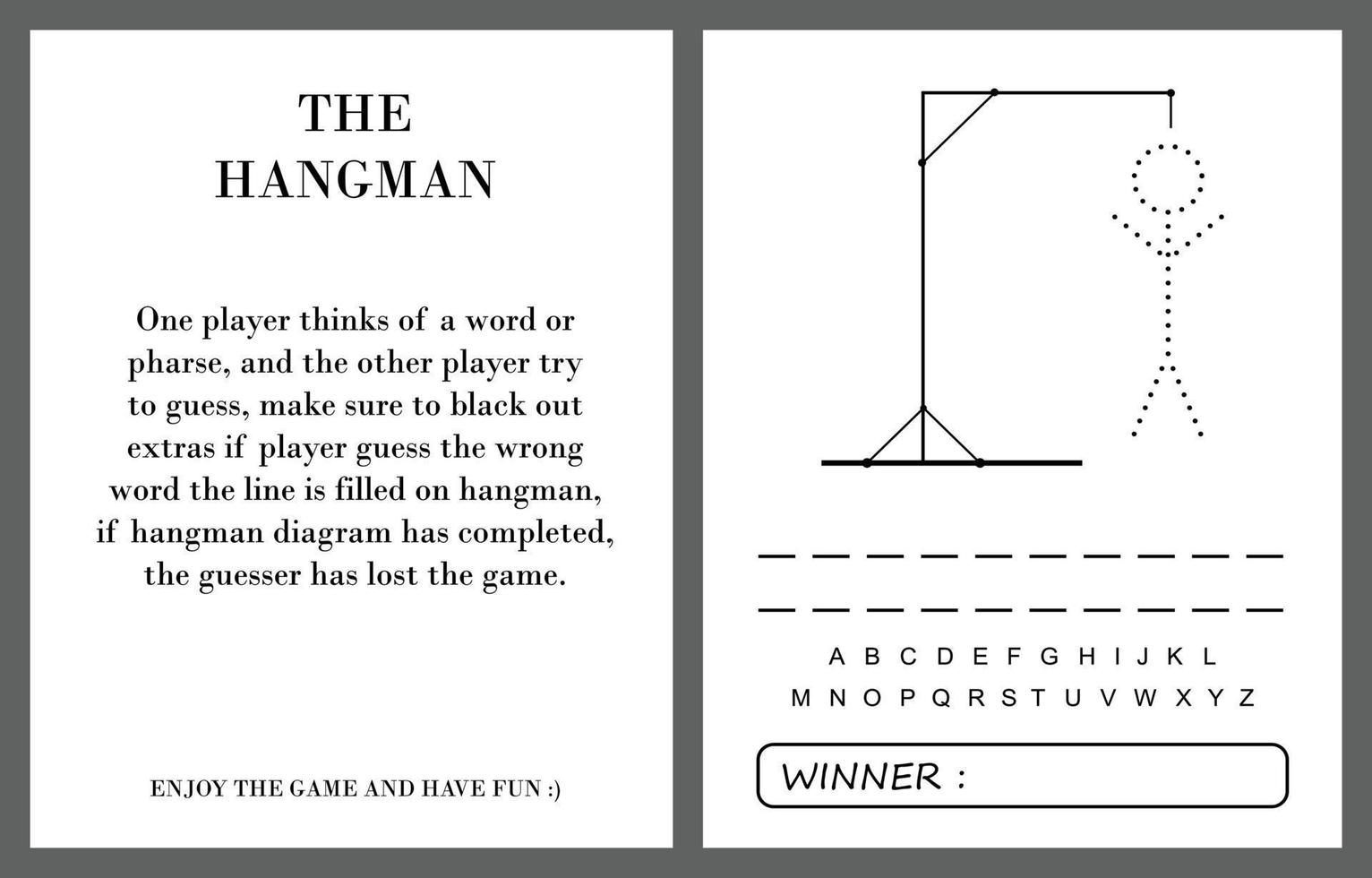 Hangman game page vector, kids activity notebook page. vector