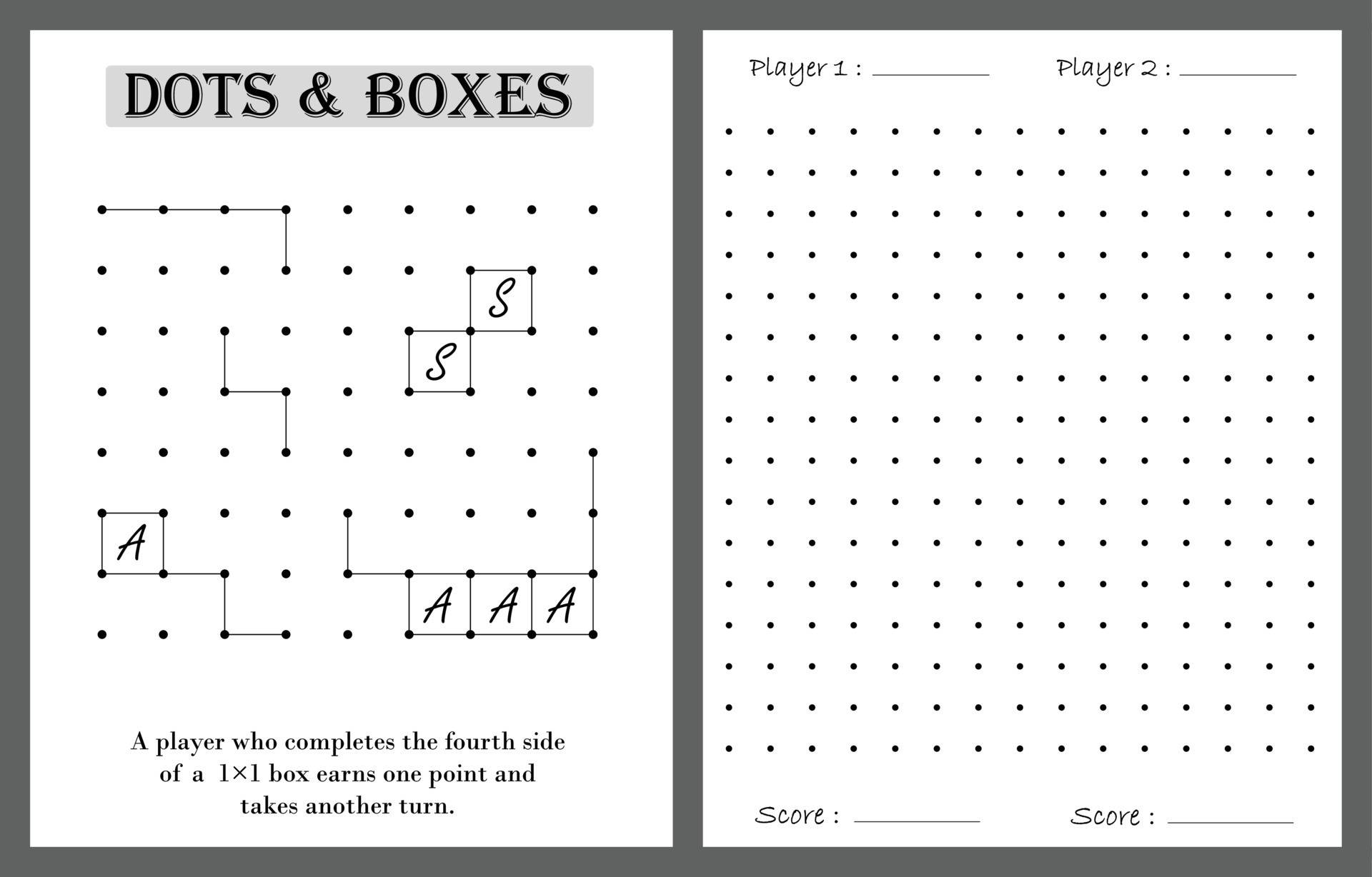 Dots and boxes note book game, kids activity notebook page, time pass