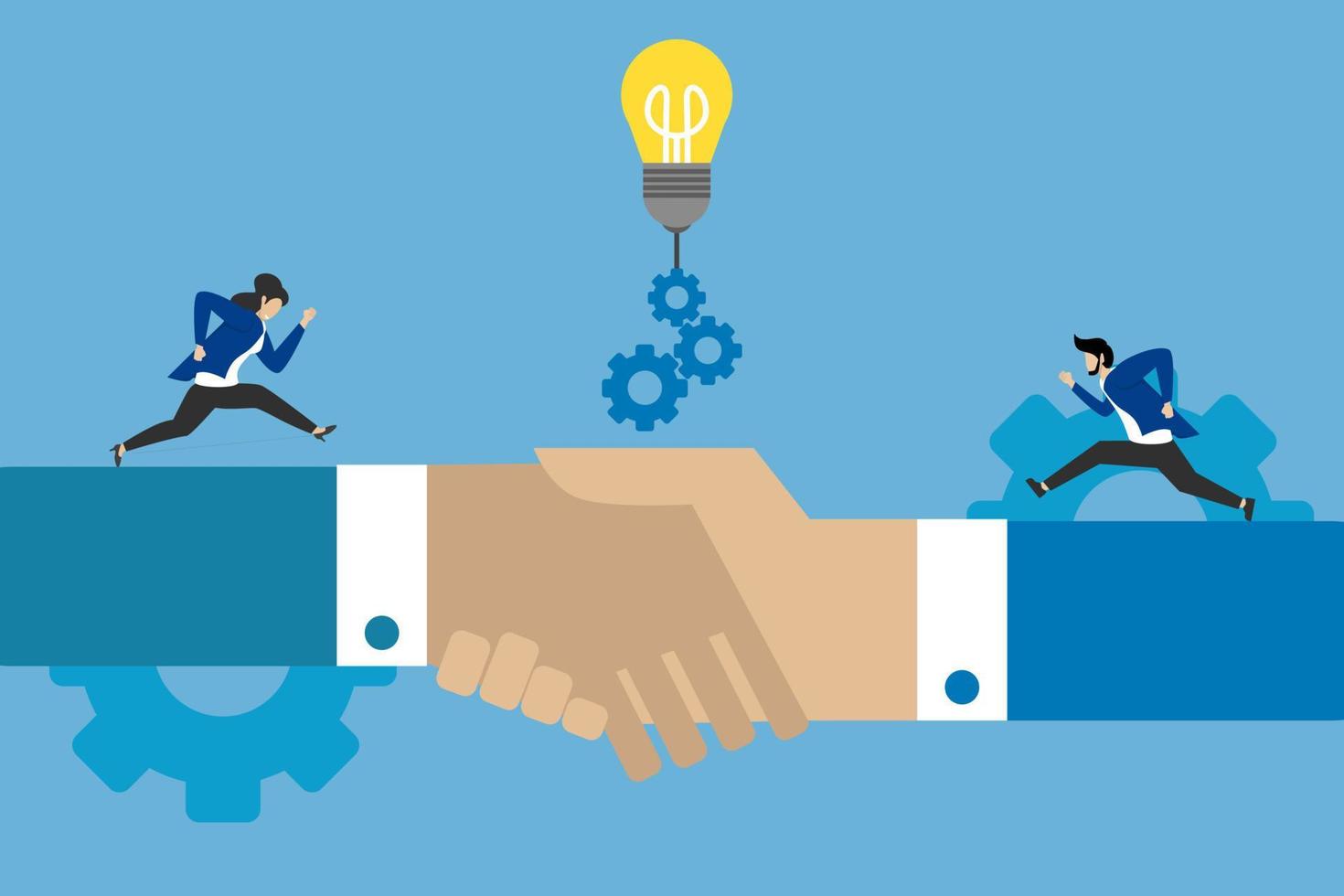 Agreement and cooperation, entrepreneurs and businesswomen run towards the light bulb as a form of cooperation ideas vector