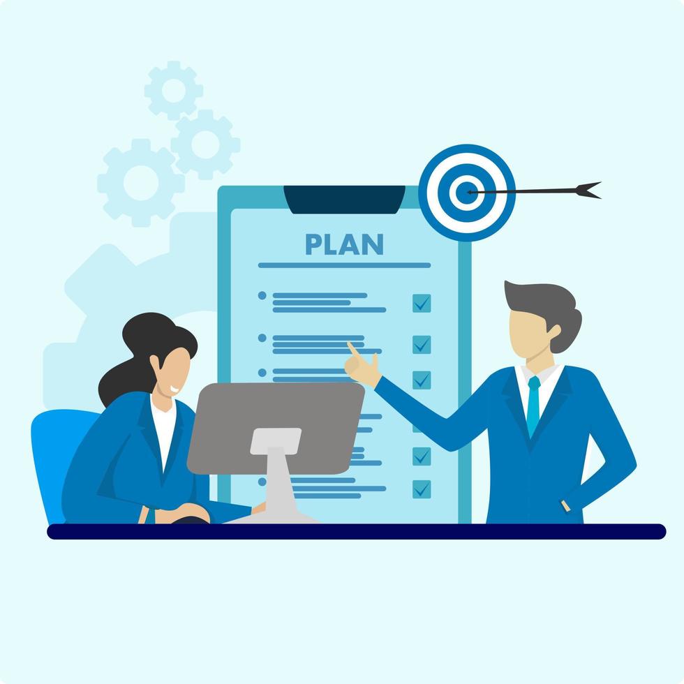 The concept of work planning or business strategy to achieve the desired target. Man and woman discussing work plan, targeting, business development and startup business analysis. vector