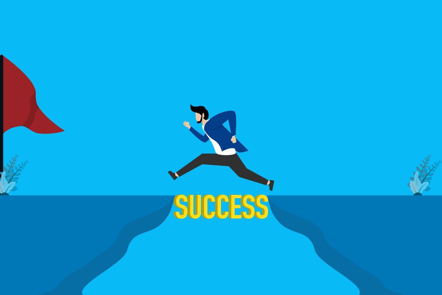 Business challenge concept with businessman running and jumping over gaps. Symbol of opportunity, success, ambition and courage. vector