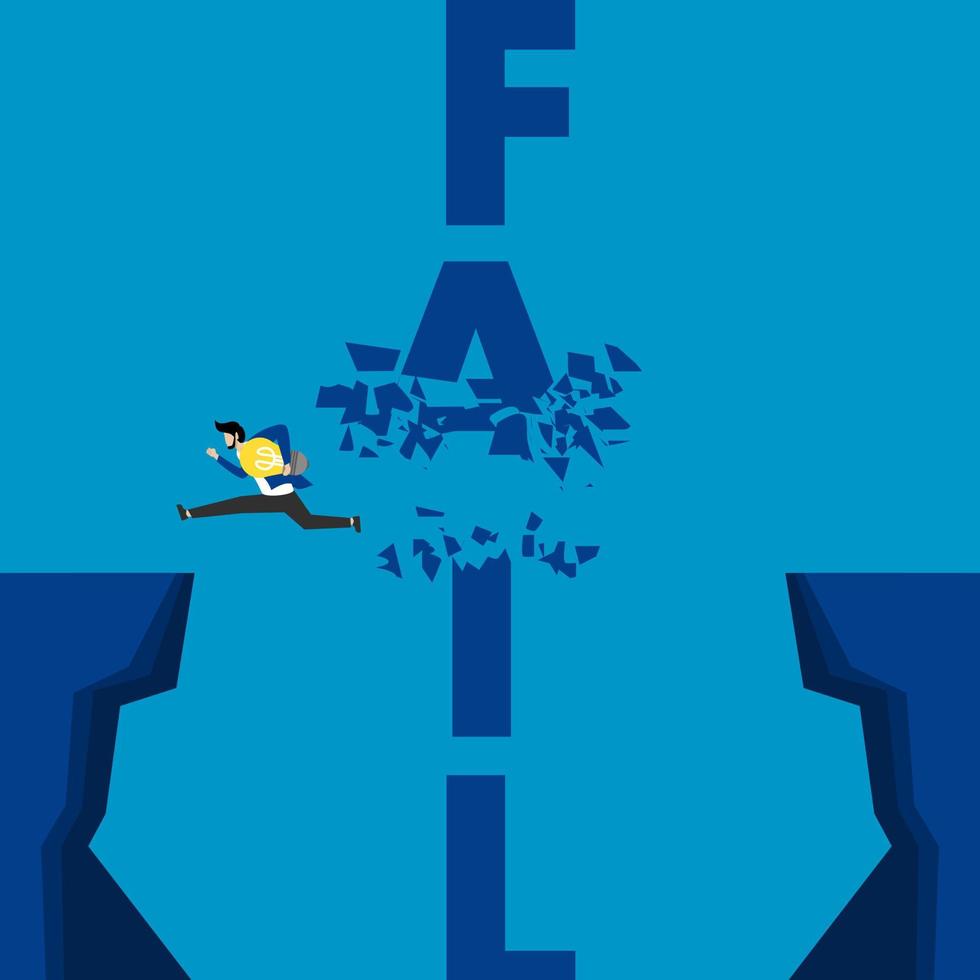 Concept illustration of a man jumping and crashing and destroying the wall of failure, optimistic concept in trying and never giving up. vector