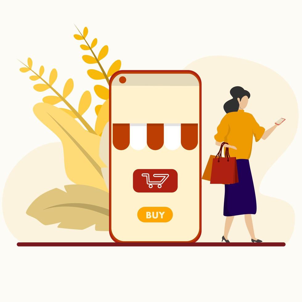 concepto de aplicación de compras en línea. teléfono inteligente con una mujer que lleva una bolsa de compras, mensaje de chat, entrega, 24 horas e ícono similar. adecuado para promoción de tiendas digitales, web y publicidad. vector