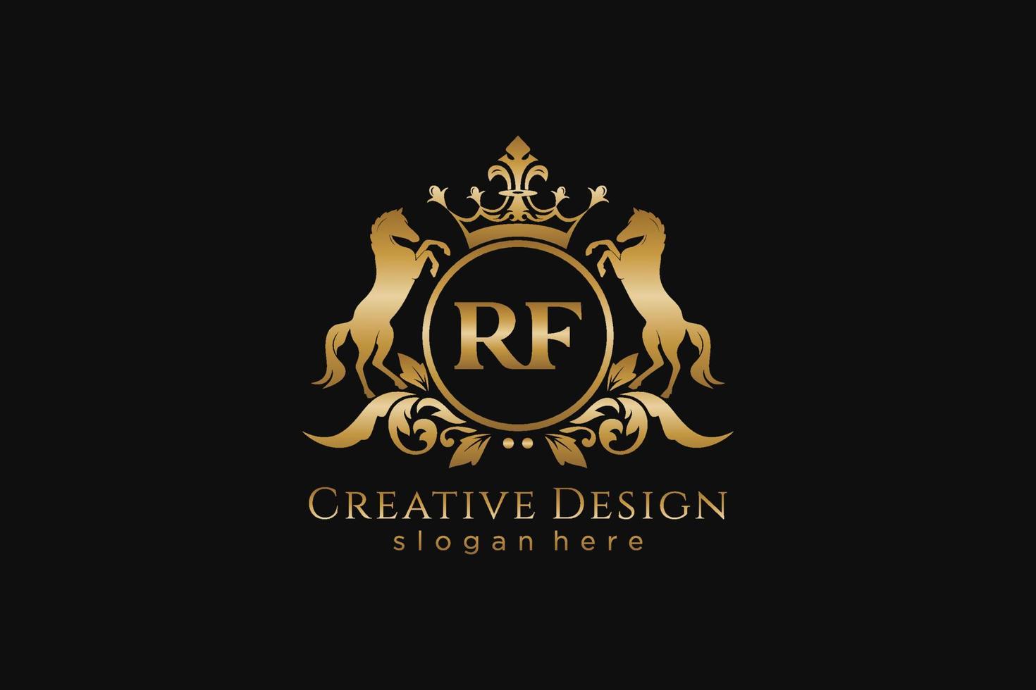 initial RF Retro golden crest with circle and two horses, badge template with scrolls and royal crown - perfect for luxurious branding projects vector