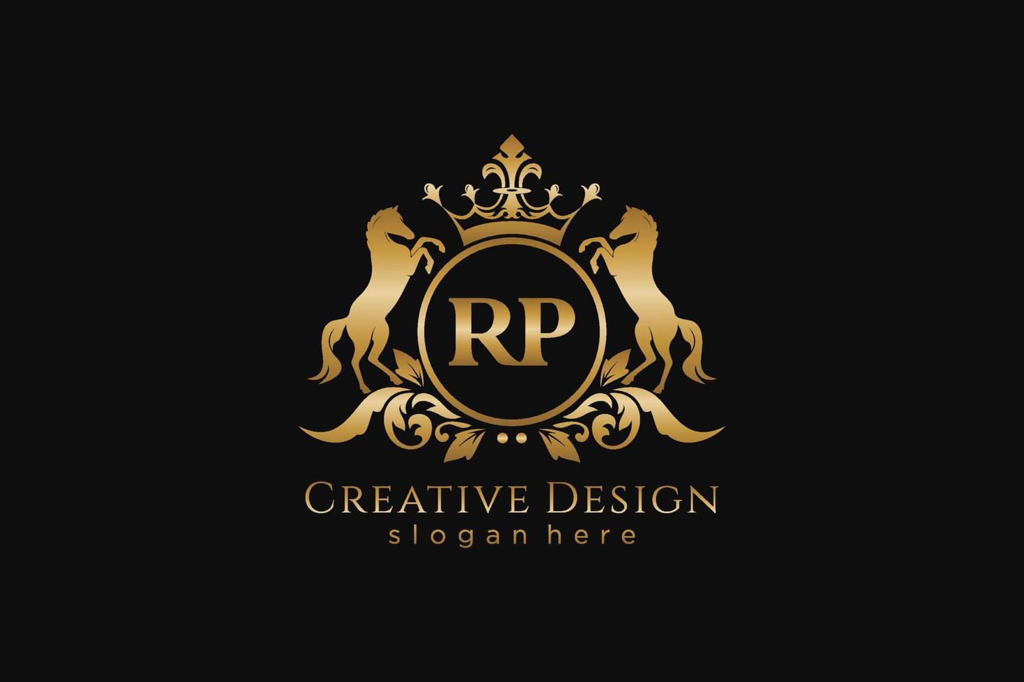 initial RP Retro golden crest with circle and two horses, badge template with scrolls and royal crown - perfect for luxurious branding projects vector