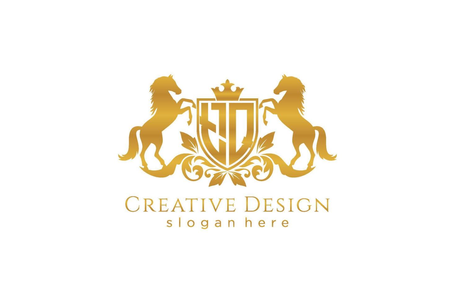 initial TQ Retro golden crest with shield and two horses, badge template with scrolls and royal crown - perfect for luxurious branding projects vector
