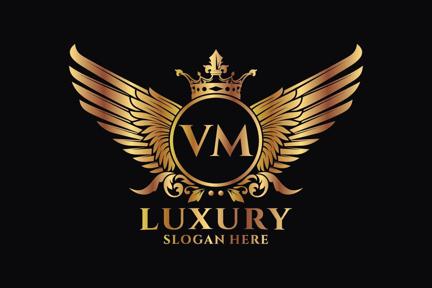 carta de ala real de lujo vm vector de logotipo de color dorado, logotipo de victoria, logotipo de cresta, logotipo de ala, plantilla de logotipo vectorial.