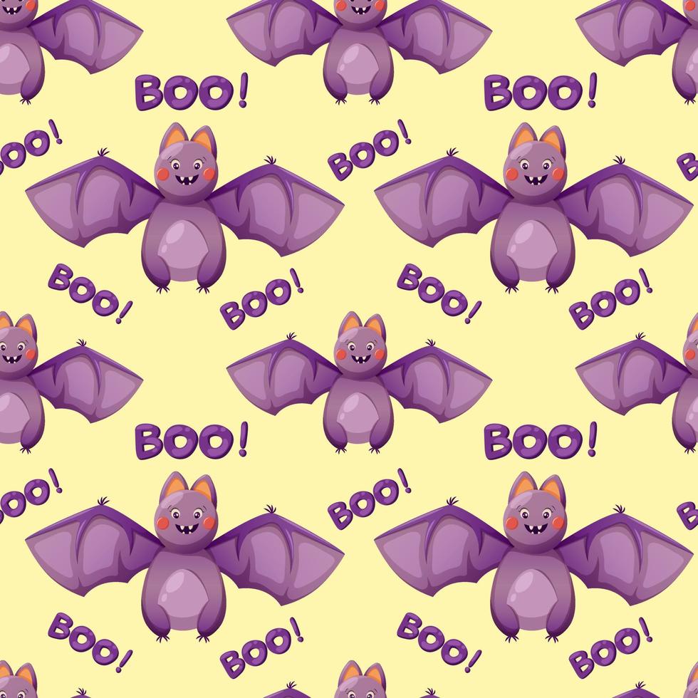 Seamless pattern with cute cartoon-style bat and text boo for Halloween vector
