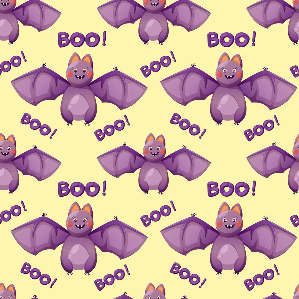 Seamless pattern with cute cartoon-style bat and text boo for Halloween vector