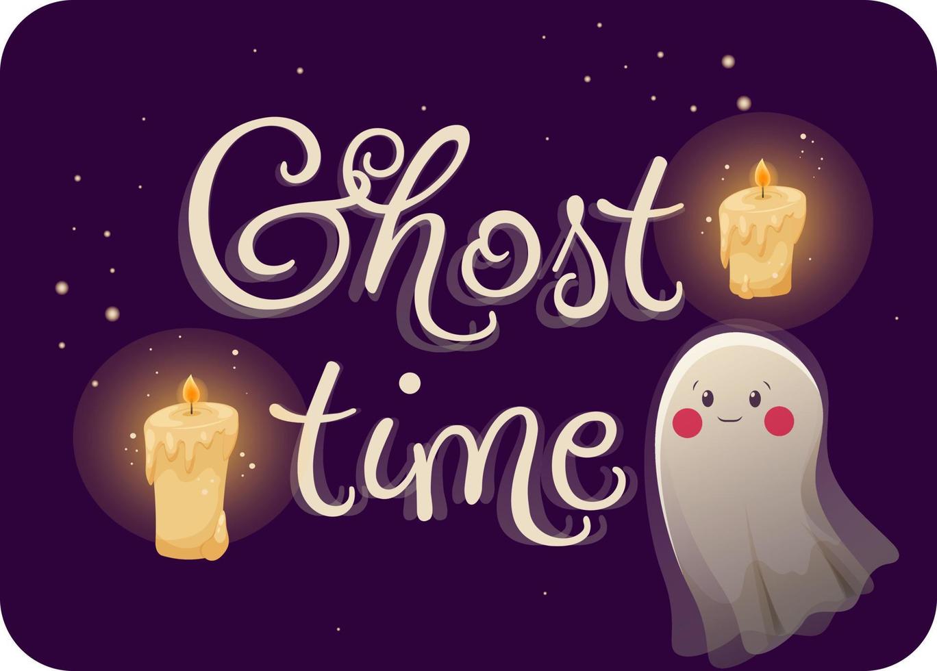 Sticker inscription ghost time with a cute ghost, stars and candles in cartoon style vector