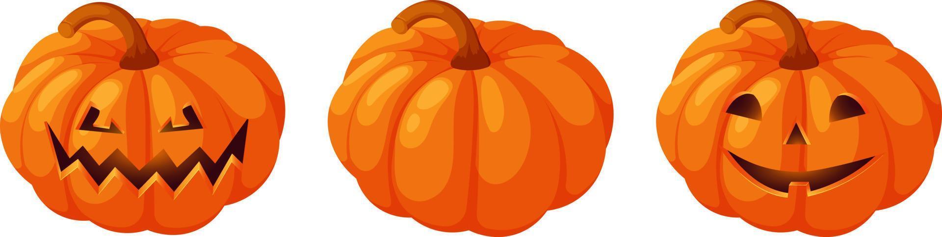 calabaza malvada, calabaza amable, calabaza ordinaria para halloween en estilo de dibujos animados vector